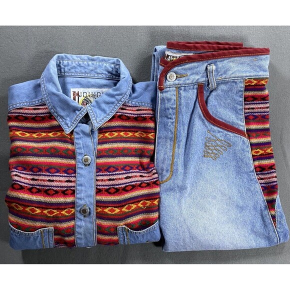 Vintage Joujou Navajo Jean‎ Shirt Pant Set Womens 7/8 Medium Aztec Western Rare - Picture 1 of 16